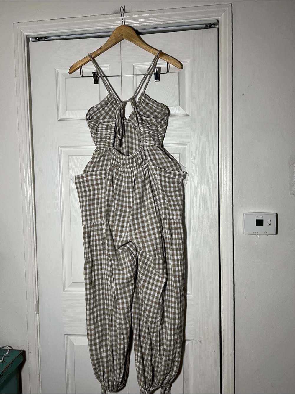 Free People Sundaze For Surfing Jumpsuit Vintage Khaki Gingham Plaid - Picture 4 of 8